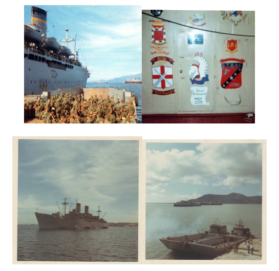 The picture on the left is the USNS Gordon troop ship.  The picture on the right is the WW11 landing crafts that took us to Dong Ba Thin.